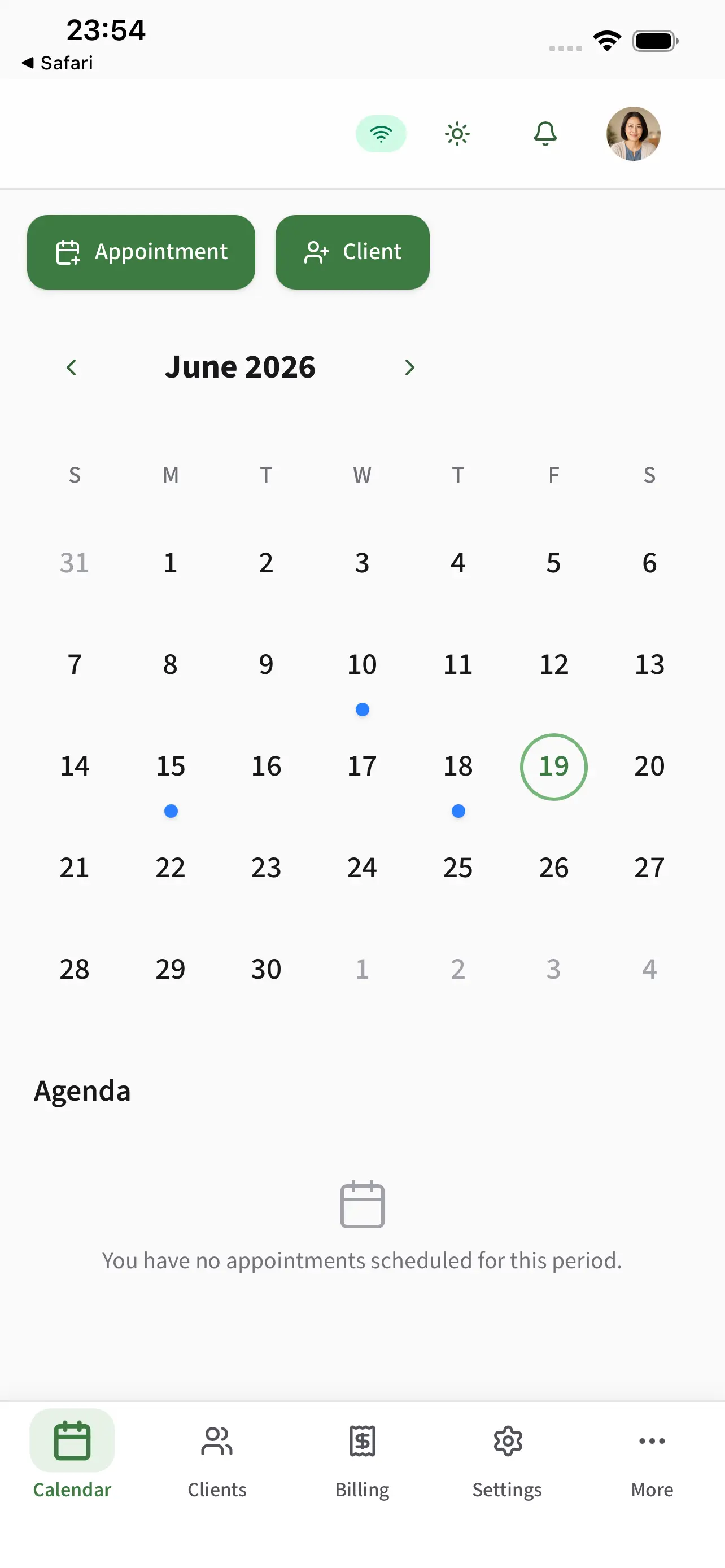 BirthPath calendar showing appointments across a monthly care schedule