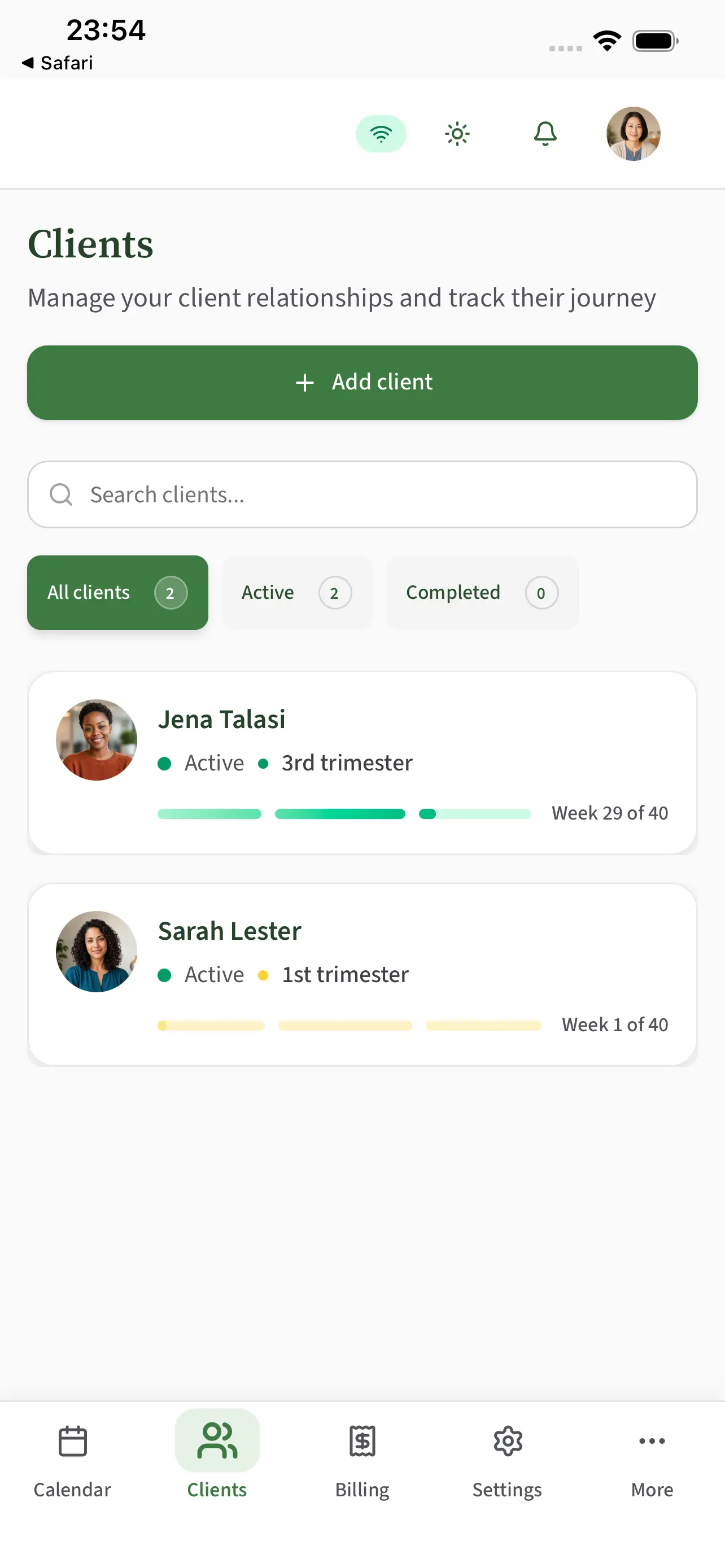 BirthPath client list showing active clients and their current care stage