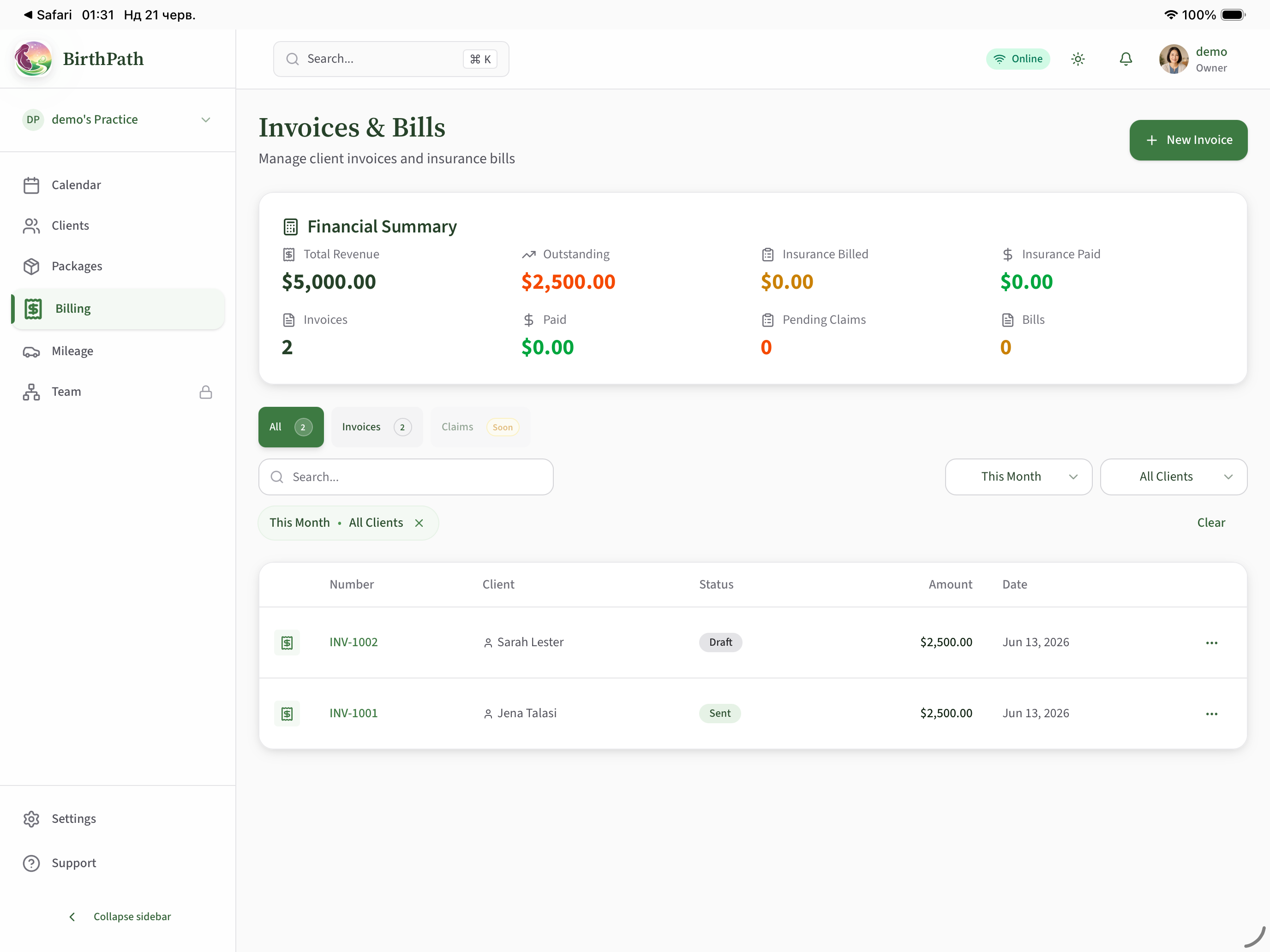 BirthPath billing workspace showing invoices, revenue, insurance billing, and practice navigation on iPad