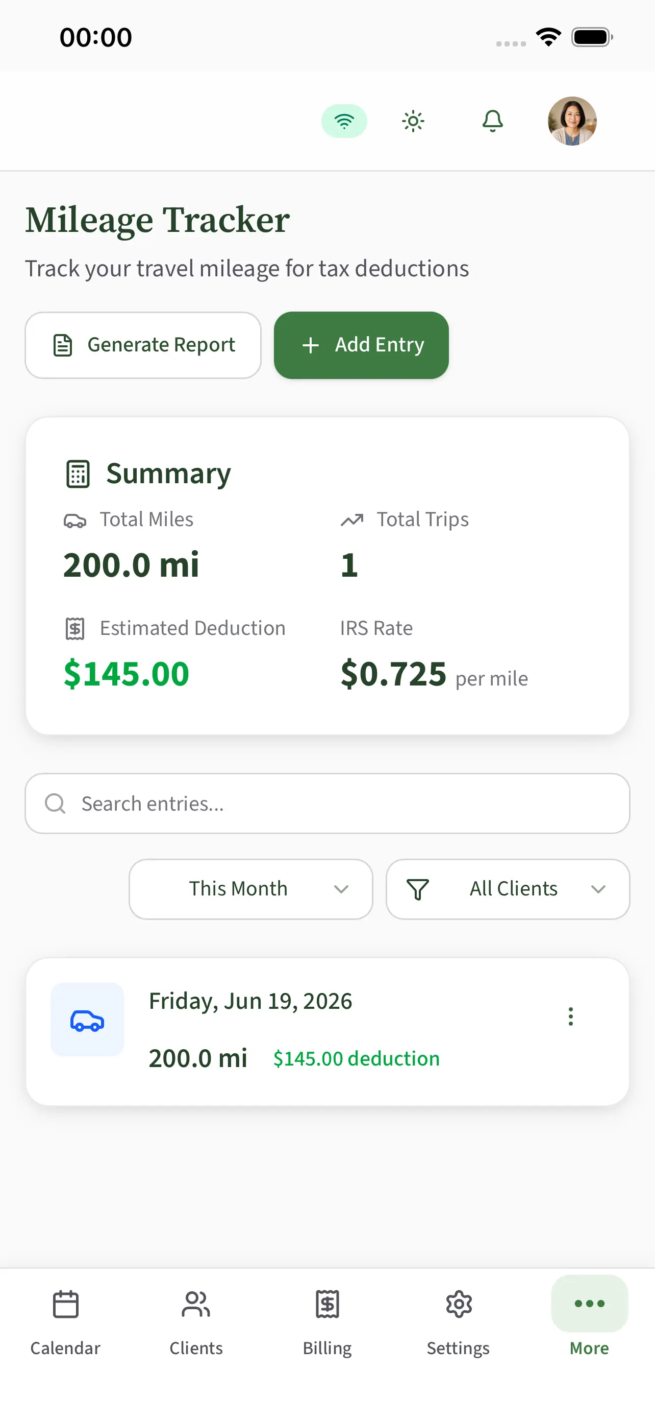 BirthPath mileage tracker showing trip totals and an estimated tax deduction